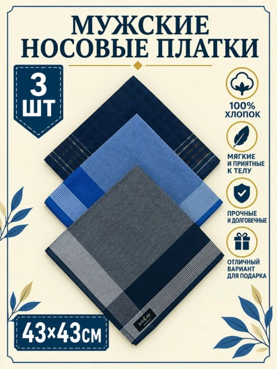 Современные мужские носовые платки, 100% хлопок, набор 2, 3, 4 шт