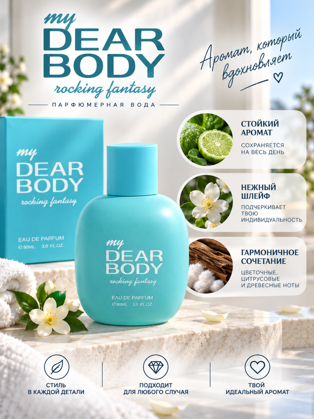 Парфюмерная вода для женщин, свежий цветочно-цитрусовый аромат, Dear Body 90 мл