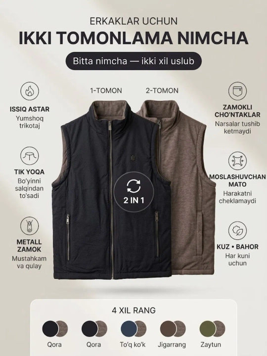 Erkaklar uchun issiq nimcha jilet, molniyali, cho'ntakli, kuz-qish uchun, klassik - 
