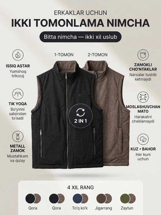Erkaklar uchun issiq nimcha jilet, molniyali, cho'ntakli, kuz-qish uchun, klassik - 