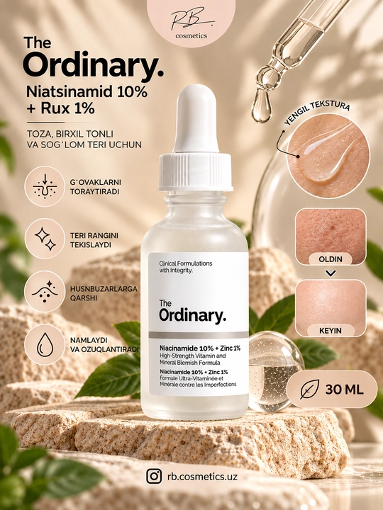 Ordinary Niacinamide sivorotka serum akne va ugriga qarshi, poralarni toraytiradi - 