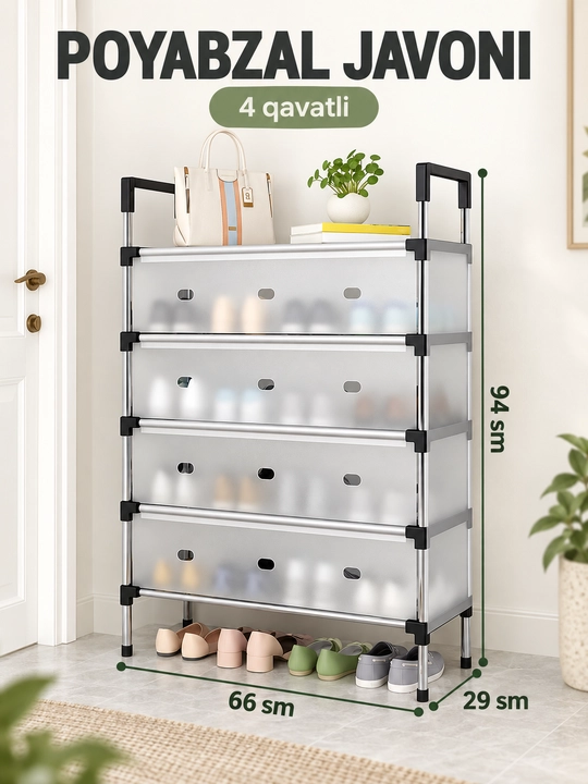 Poyabzal uchun 4 qavatli yopiq javon, koridor uchun oyoq kiyim organayzeri, 66x29x94 sm