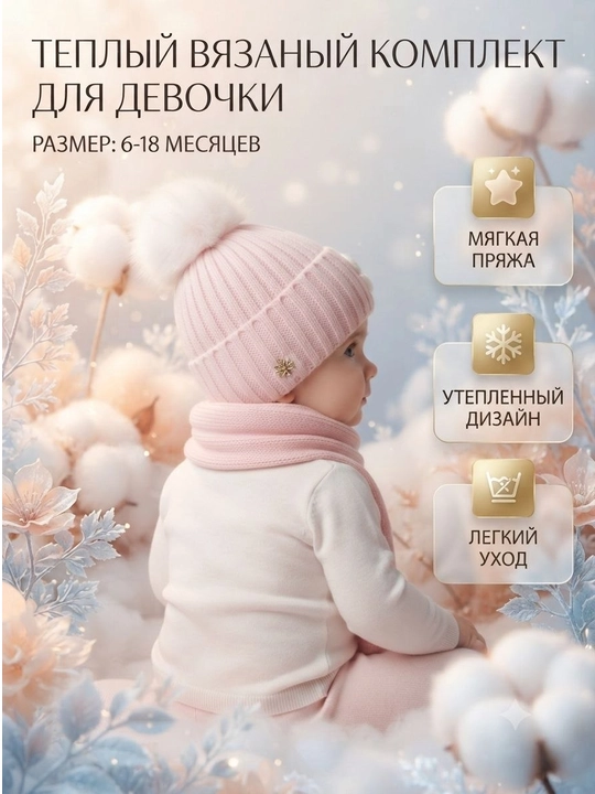 Детский комплект шапка и шарф, зимний набор для детей 5–10 л, тёплый повседневный комплект