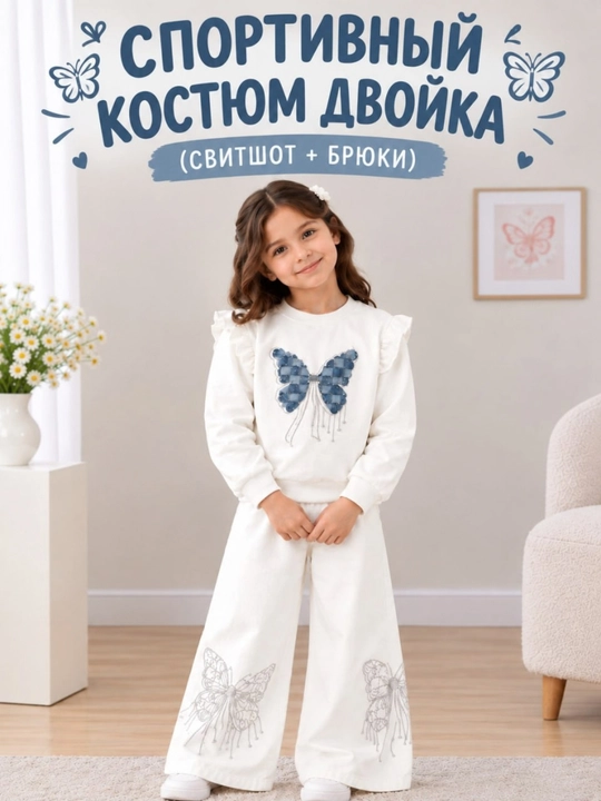 Детский белый костюм двойка для девочки с бабочкой 6-9 лет