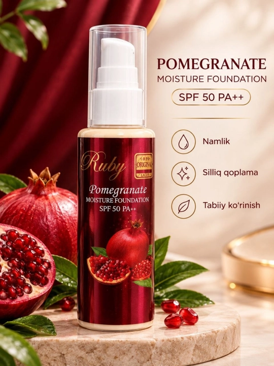 Anor rangli tonal krem, SPF 50, tekis qoplamali, yuz uchun tonal krem