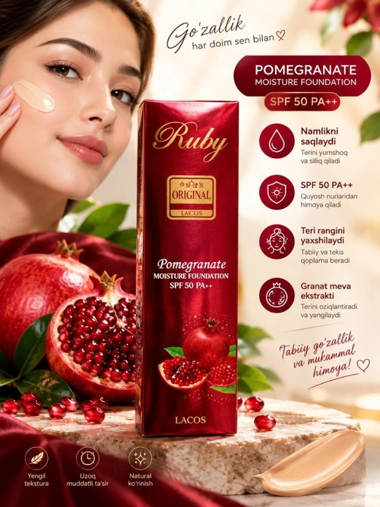 Anor rangli tonal krem, SPF 50, tekis qoplamali, yuz uchun tonal krem
