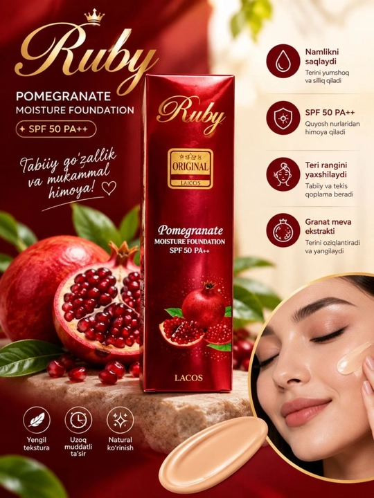 Anor rangli tonal krem, SPF 50, tekis qoplamali, yuz uchun tonal krem