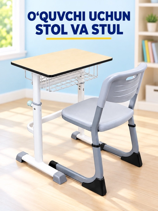 Parta bolalar uchun, metall karkasli stol va stul komplekti, 70×50×82 sm - 
