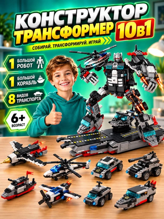 Transformer konstruktor 10in1, 8 ta harbiy texnika modeli, robot va kema, 713 detal - 