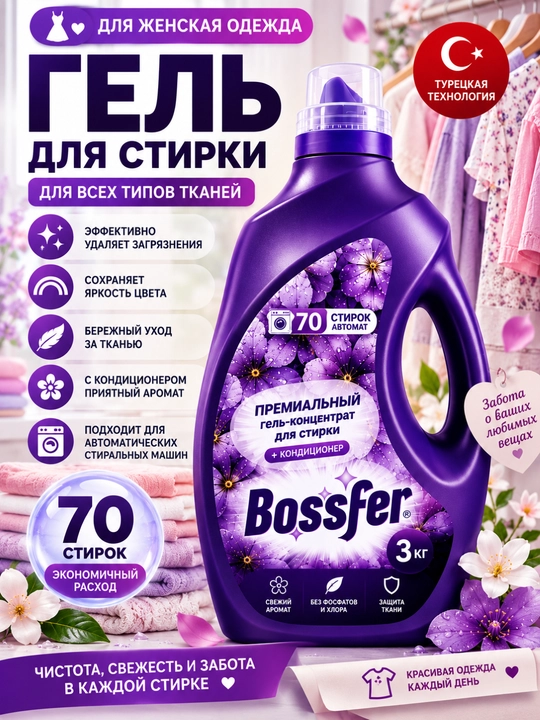 Гель для стирки Bossfer 3 кг, 70 стирок, с кондиционером, автомат - 