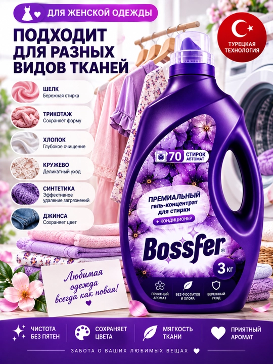 Гель для стирки Bossfer 3 кг, 70 стирок, с кондиционером, автомат