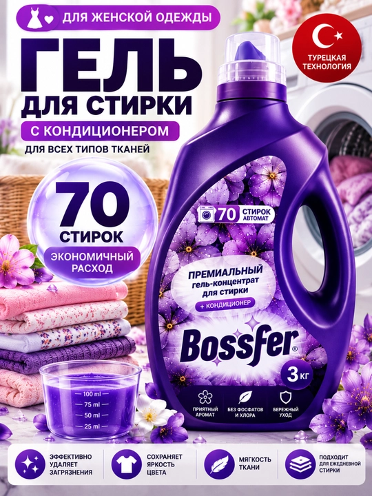 Гель для стирки Bossfer 3 кг, 70 стирок, с кондиционером, автомат