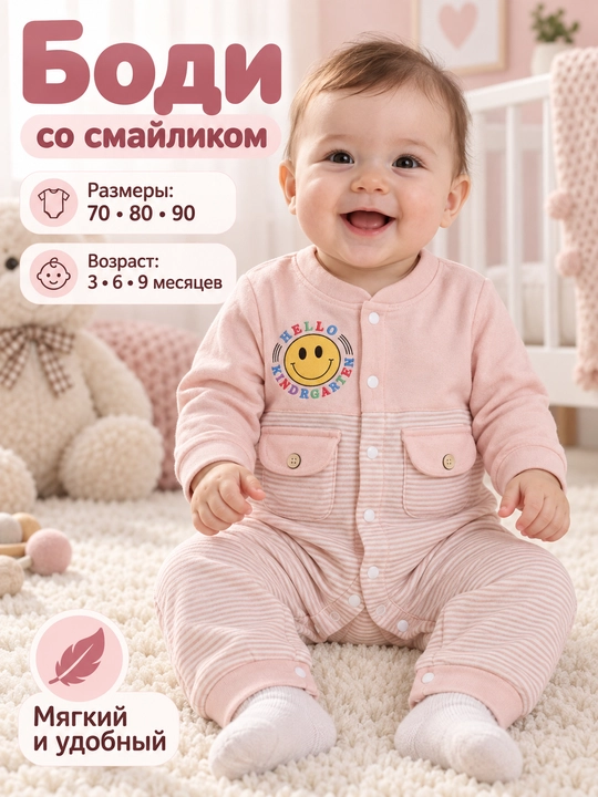 Боди-комбинезон для новорожденных   Хлопок, 70-80-90 (3-9 месяцев) - 