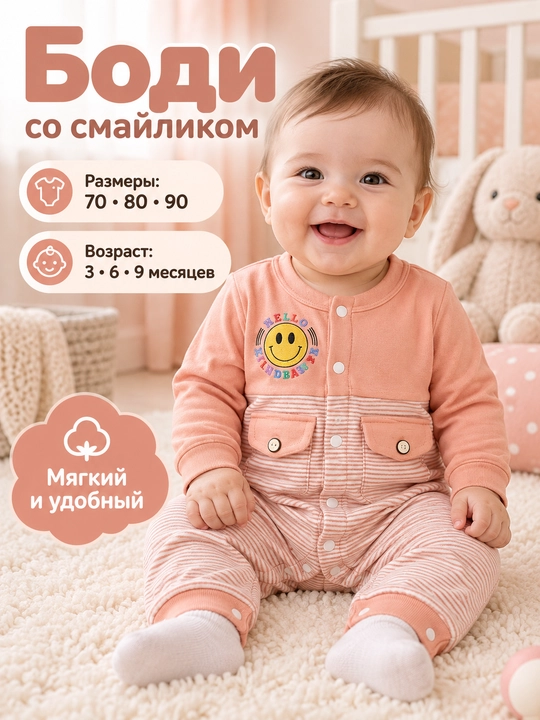 Боди-комбинезон для новорожденных   Хлопок, 70-80-90 (3-9 месяцев) - 