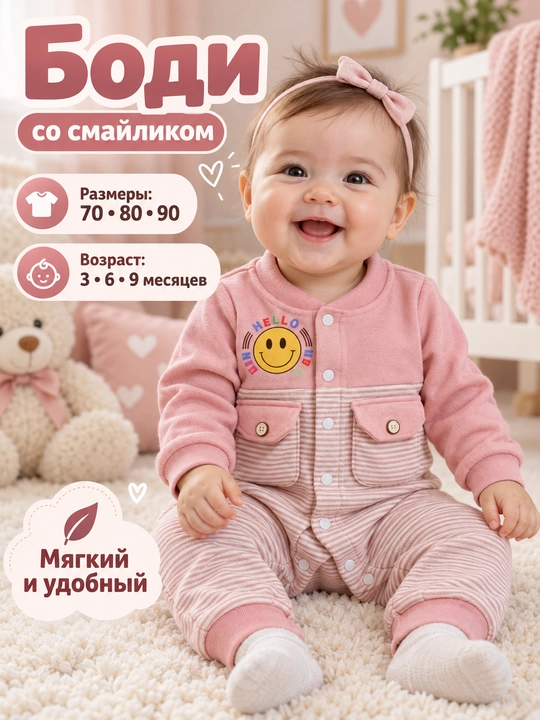 Боди-комбинезон для новорожденных   Хлопок, 70-80-90 (3-9 месяцев) - 