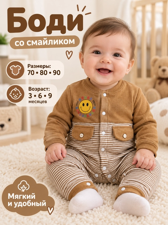 Боди-комбинезон для новорожденных   Хлопок, 70-80-90 (3-9 месяцев) - 