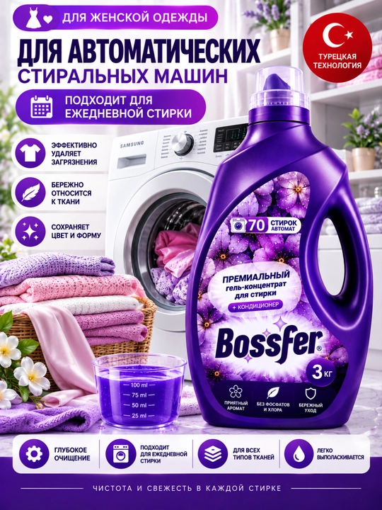 Гель для стирки Bossfer 3 кг, 70 стирок, с кондиционером, автомат