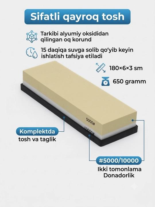 Pichoq o'tkirlash uchun ikki tomonlama qayroq toshlar, 180×60×30 mm - 