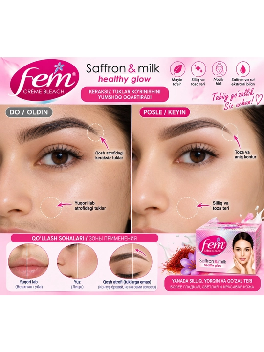 Fem Saffron & Milk yuz va qosh tuklarini oqartiruvchi krem, 8 g va 40 gr