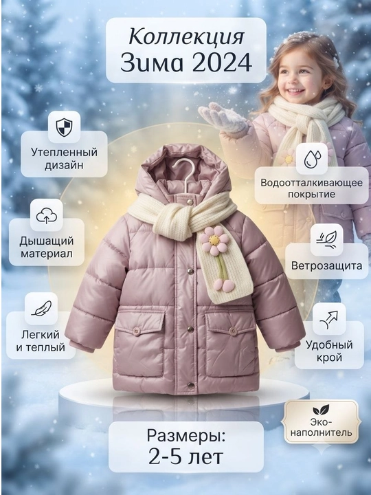 Детская зимняя куртка-парка с мехом для девочек, 1–5 лет - 