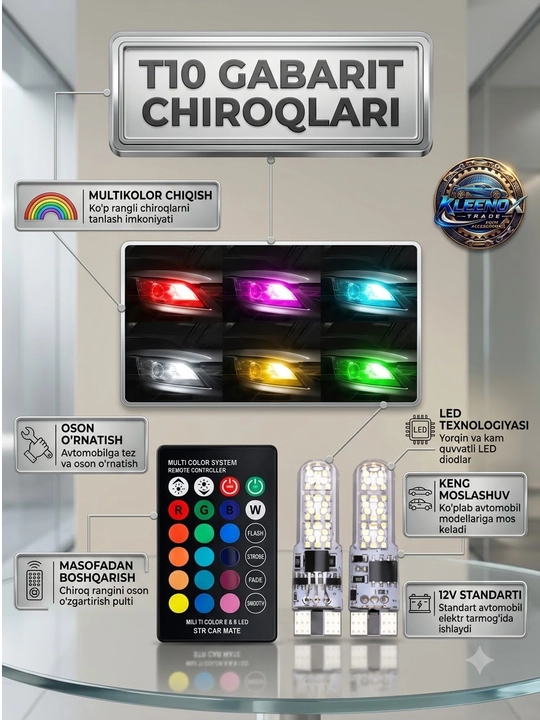 Светодиодные LED лампы габариты T10 RGB в авто, с пультом управления, 12V