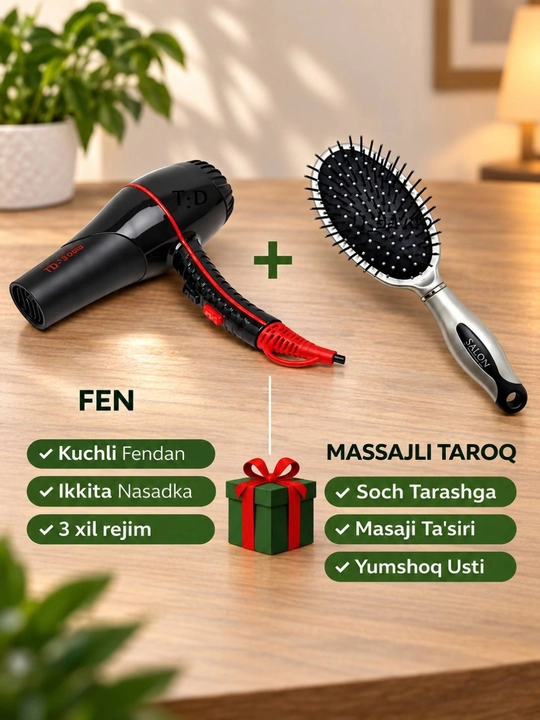 Fen professional, sochni quritish va turmaklash uchun, masajli taroq, ayollar uchun sovg'a