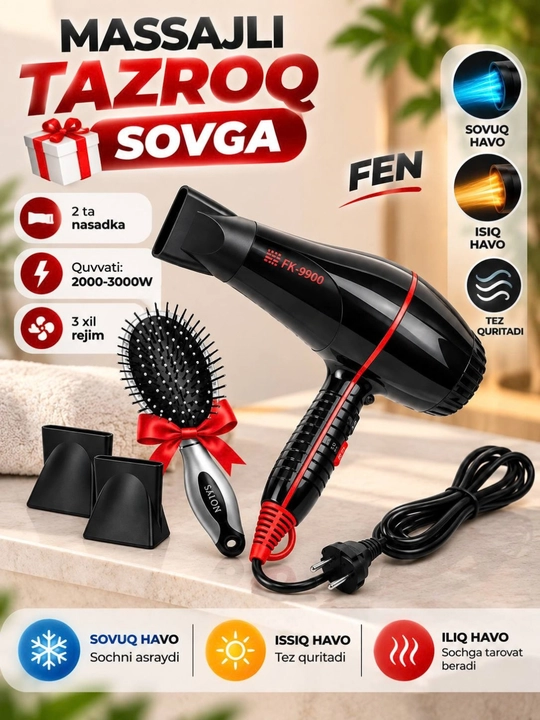 Fen professional, sochni quritish va turmaklash uchun, masajli taroq, ayollar uchun sovg'a - 