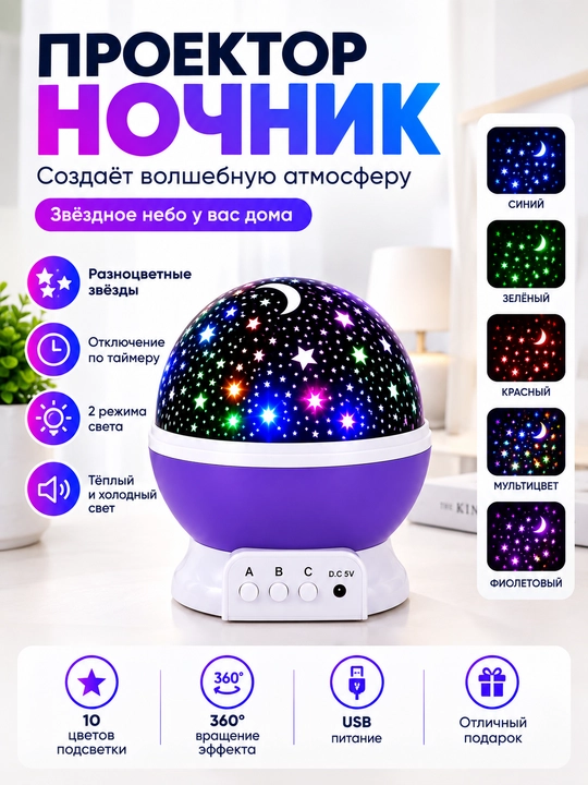 Yulduzli osmon proyektori, 360° aylanuvchi tungi chiroq va stol chiroqi - 