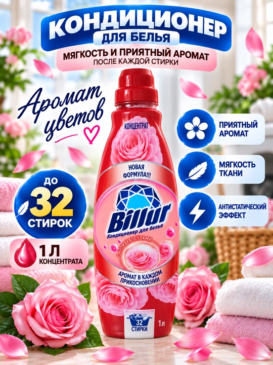 BILLUR gul iforli kir yuvish konditsioneri, konsentrat, kiyim yumshatgich, 1 litr - 