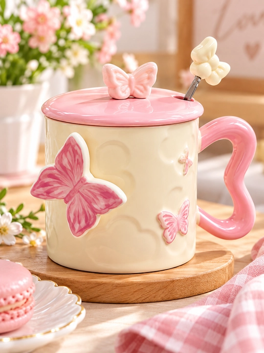 Hello Kitty keramik krujkasi, qopqoq va qoshiq bilan, pushti rang