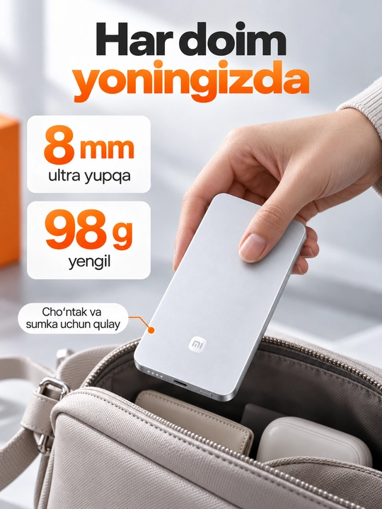 Xiaomi 5000 mA·soat tashqi akkumulyator — telefon uchun ixcham Power Bank