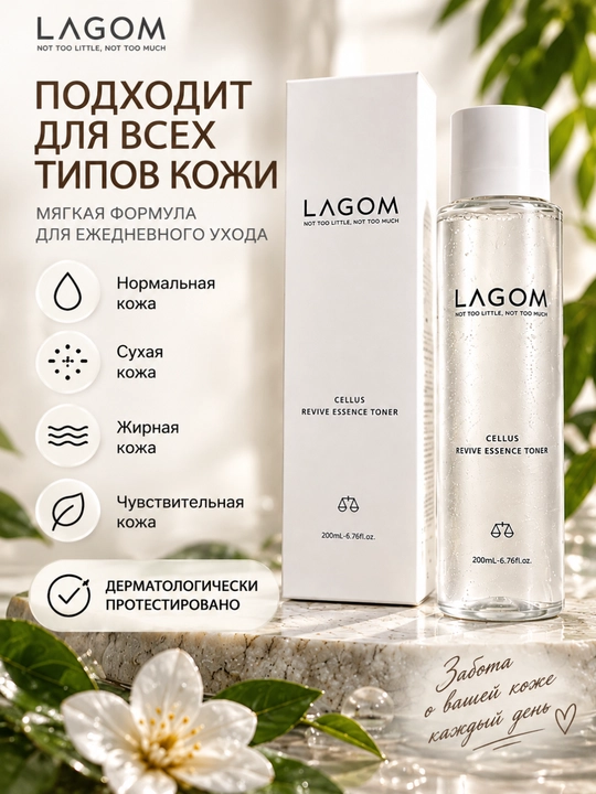 Тонер для лица LAGOM Cellus Revive Essence Toner, увлажняющий, гиалуроновый, 200 мл