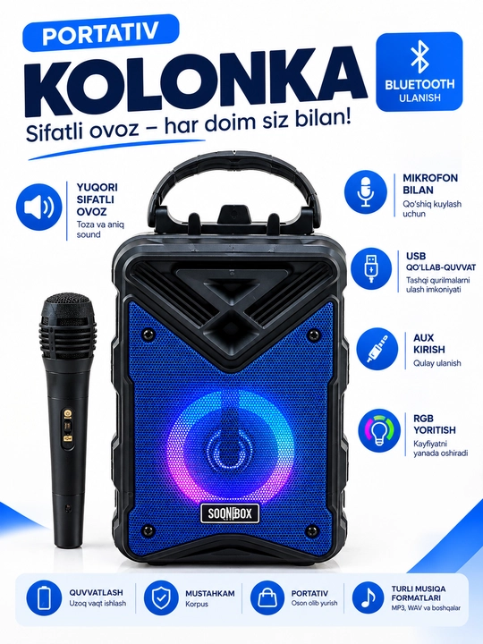 Simsiz portativ bluetooth kolonka mikrofon bilan, RGB yoritish - 