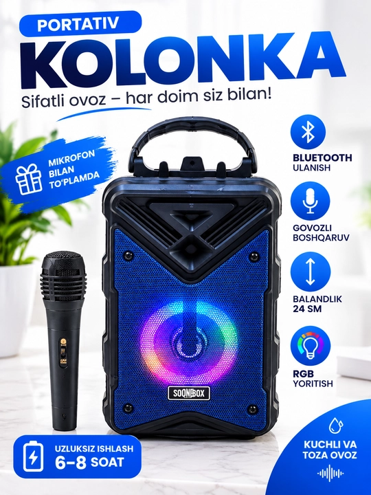 Simsiz portativ bluetooth kolonka mikrofon bilan, RGB yoritish