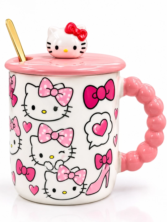 Hello Kitty keramik krujkasi, qopqoq va qoshiq bilan, pushti rang