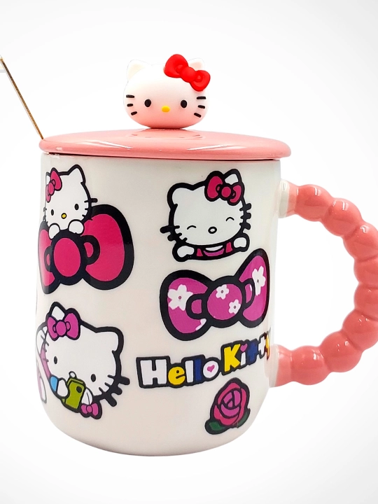 Hello Kitty keramik krujkasi, qopqoq va qoshiq bilan, pushti rang