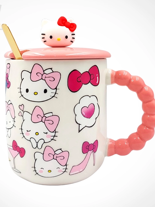 Hello Kitty keramik krujkasi, qopqoq va qoshiq bilan, pushti rang