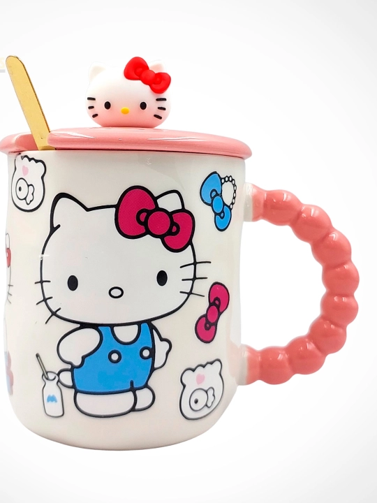 Hello Kitty keramik krujkasi, qopqoq va qoshiq bilan, pushti rang