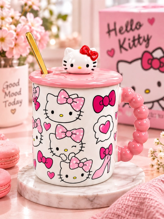 Кружка керамическая Hello Kitty с крышкой и ложкой, розовая - 