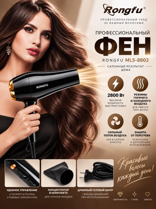 RONG FU MLS-8802, soch quritish va turmaklash uchun fen - 
