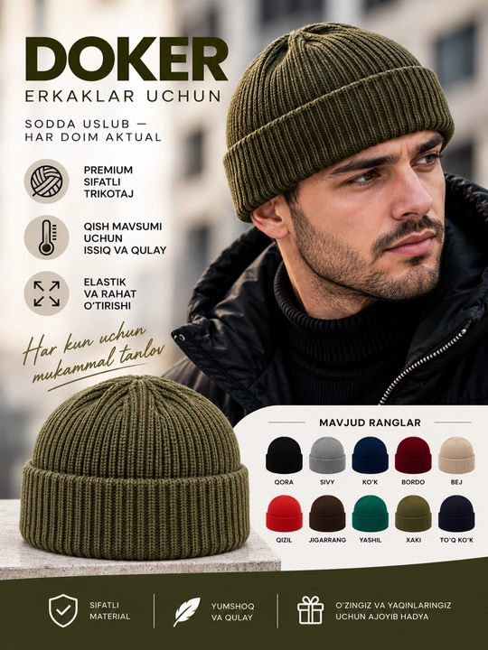 Erkaklar qishki shapkasi DOKER, issiq yumshoq trikotaj, elastik, universal - 