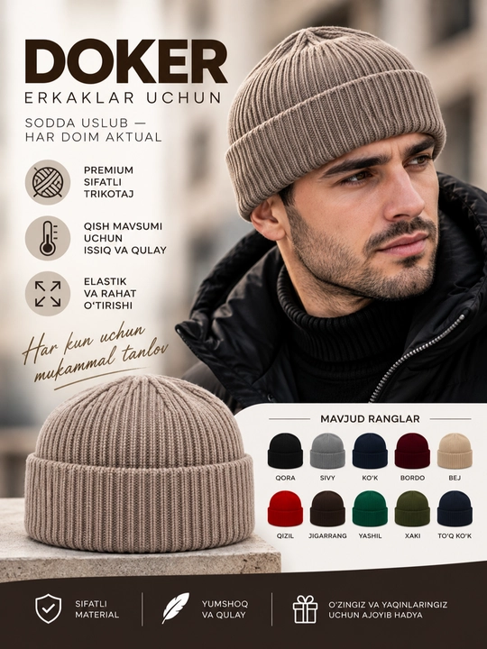 Erkaklar qishki shapkasi DOKER, issiq yumshoq trikotaj, elastik, universal - 