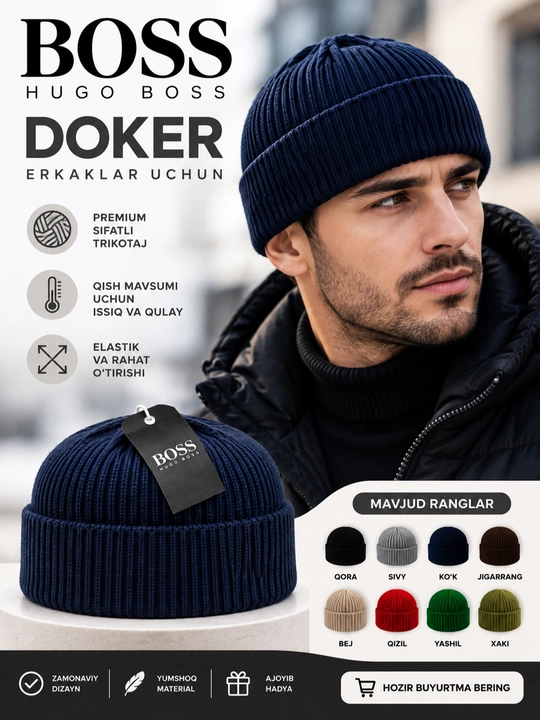 Erkaklar qishki shapkasi DOKER, issiq yumshoq trikotaj, elastik, universal - 