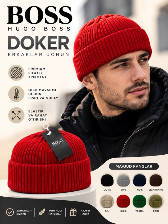 Erkaklar qishki shapkasi DOKER, issiq yumshoq trikotaj, elastik, universal - 