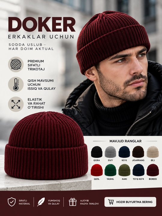 Erkaklar qishki shapkasi DOKER, issiq yumshoq trikotaj, elastik, universal - 