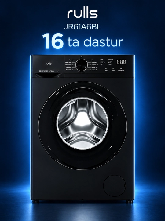 Rulls JR61A6BL — zamonaviy dizayndagi 6 kg sig‘imli avtomatik kir yuvish mashinasi