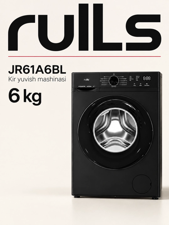 Rulls JR61A6BL — zamonaviy dizayndagi 6 kg sig‘imli avtomatik kir yuvish mashinasi