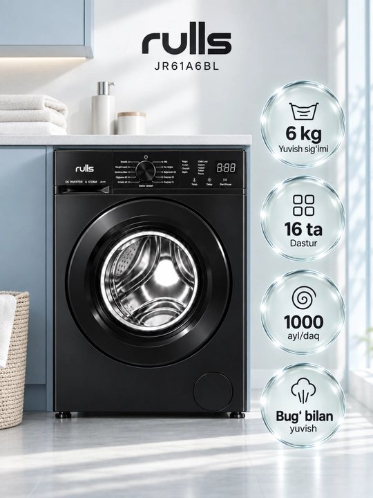 Rulls JR61A6BL — zamonaviy dizayndagi 6 kg sig‘imli avtomatik kir yuvish mashinasi