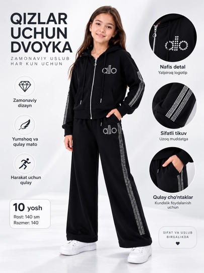 Qizlar sport kostyumi, zamokli hudi va keng shim, zamonaviy yumshoq kostyum - 