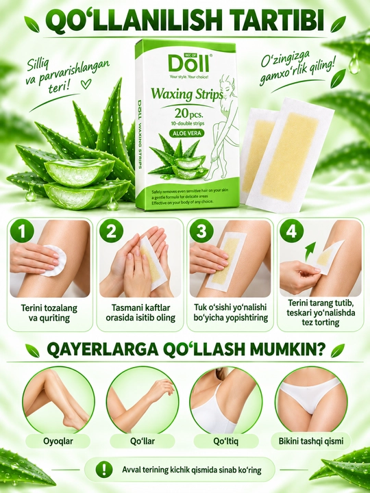 DOLL WAX восковые полоски для депиляции тела и лица, воск для волос, шугаринг, 20 штук